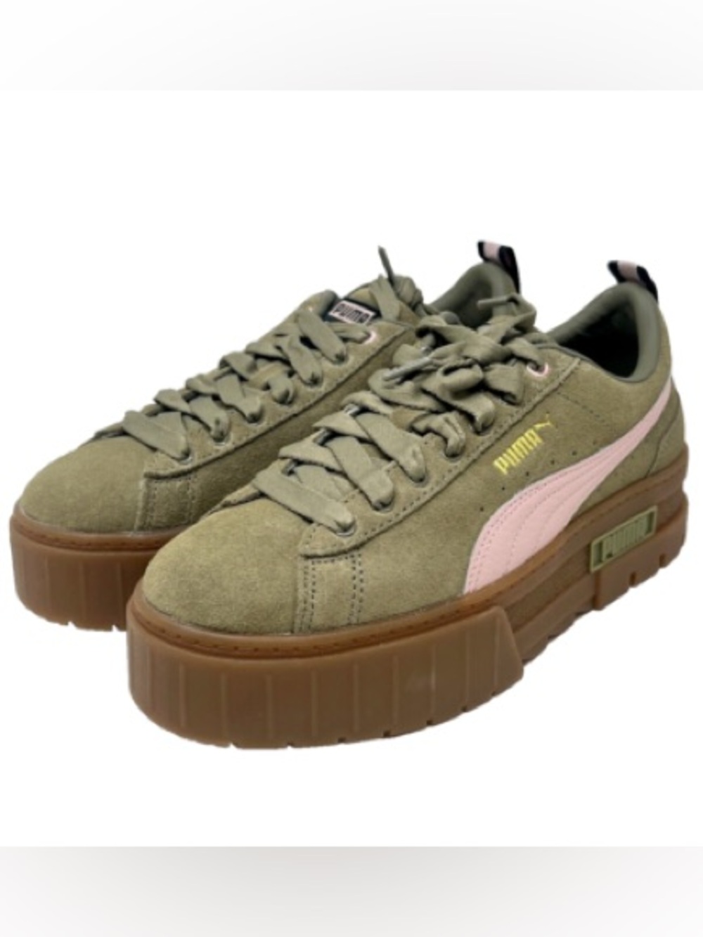 Puma Olive Green Suede Platform Sneakers with Pink Formstrip